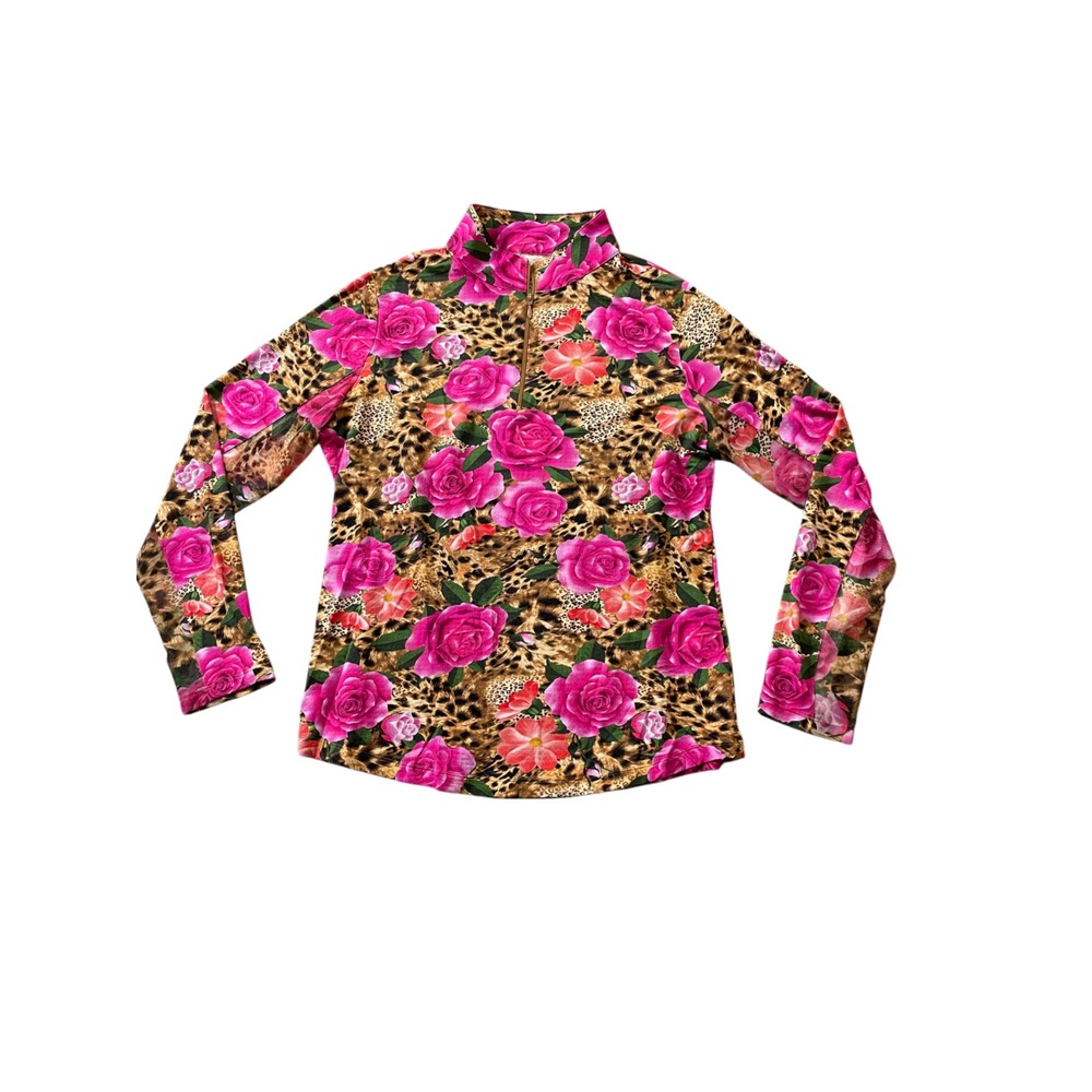 IBKUL Large Jovanna Print Long Sleeve Mock Neck Pullover Vibrant Pink Floral
